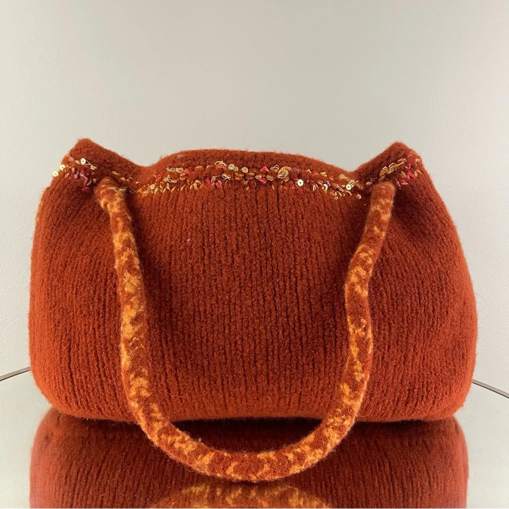 90s Burnt Orange Handmade Sequin Knit Felted Wool Slouchy Hobo Shoulder Bag Tote